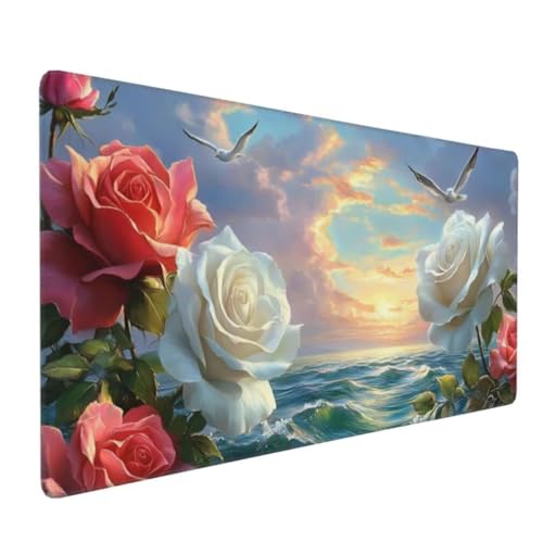 Mauspad XXL 1200x600mm, Weiße Rose Mousepad XXL Mauspad Gaming Meer Mouse Pad mit Genähten Kanten, Rutschfest und Wasserabweisend Schreibtisch Unterlage Groß Desk Mat für Tastatur und Maus -MP1106 Bild 2