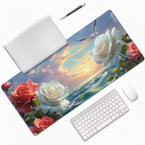 Mauspad XXL 1200x600mm, Weiße Rose Mousepad XXL Mauspad Gaming Meer Mouse Pad mit Genähten Kanten, Rutschfest und Wasserabweisend Schreibtisch Unterlage Groß Desk Mat für Tastatur und Maus -MP1106 Bild 3