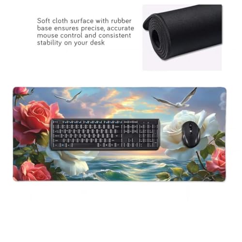Mauspad XXL 1200x600mm, Weiße Rose Mousepad XXL Mauspad Gaming Meer Mouse Pad mit Genähten Kanten, Rutschfest und Wasserabweisend Schreibtisch Unterlage Groß Desk Mat für Tastatur und Maus -MP1106 Bild 6