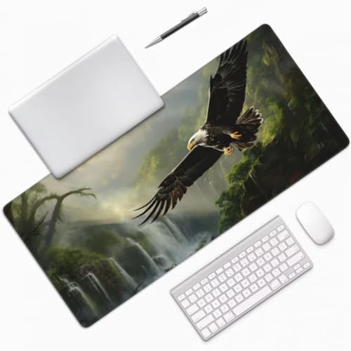 Gaming Mauspad XXL Adler, Großes Mousepad 1200 x 600 x 3 mm, Mouse Pad Groß, Schreibtischunterlage Wasserfall Wald Wasserdicht, Genähte Kanten Mauspads, rutschfeste Gummibasis Maus Pad -MP1131 Bild 3