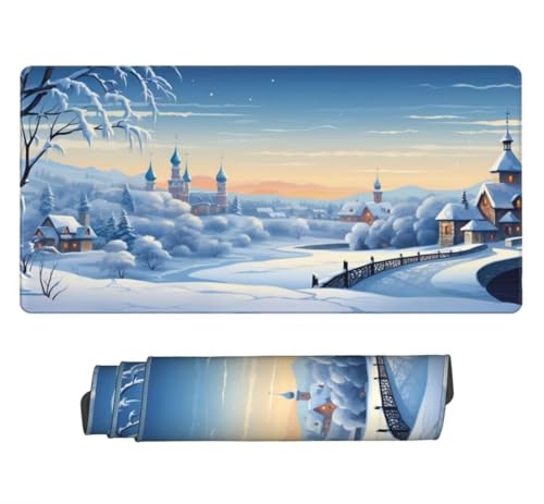 Gaming Mauspad XXL Winterlandschaft, Großes Mousepad 900 x 400 x 3 mm, Mouse Pad Groß, Schreibtischunterlage Burg Wasserdicht, Genähte Kanten Mauspads, rutschfeste Gummibasis Maus Pad -MP1059 Bild 1