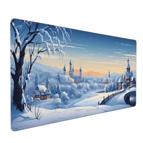 Gaming Mauspad XXL Winterlandschaft, Großes Mousepad 900 x 400 x 3 mm, Mouse Pad Groß, Schreibtischunterlage Burg Wasserdicht, Genähte Kanten Mauspads, rutschfeste Gummibasis Maus Pad -MP1059 Bild 2