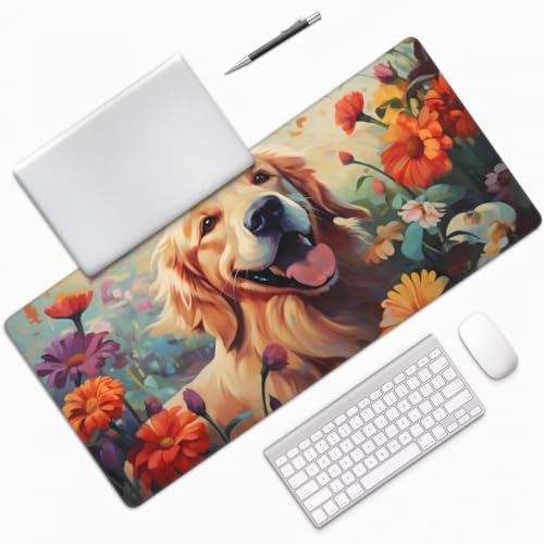 Mauspad XXL 1200x600mm, Hund Mousepad XXL Mauspad Gaming Blumen Mouse Pad mit Genähten Kanten, Rutschfest und Wasserabweisend Schreibtisch Unterlage Groß Desk Mat für Tastatur und Maus -MP1058 Bild 3