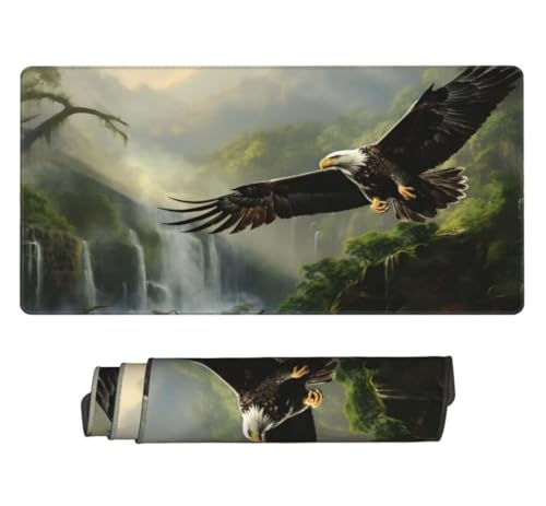 Gaming Mauspad XXL Adler, Großes Mousepad 900 x 400 x 3 mm, Mouse Pad Groß, Schreibtischunterlage Wasserfall Wald Wasserdicht, Genähte Kanten Mauspads, rutschfeste Gummibasis Maus Pad -MP1131 Bild 1