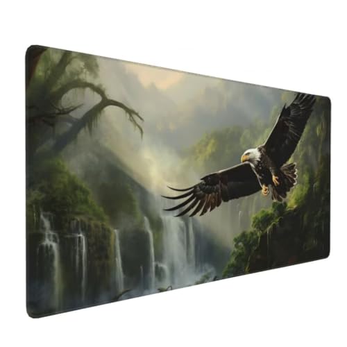 Gaming Mauspad XXL Adler, Großes Mousepad 900 x 400 x 3 mm, Mouse Pad Groß, Schreibtischunterlage Wasserfall Wald Wasserdicht, Genähte Kanten Mauspads, rutschfeste Gummibasis Maus Pad -MP1131 Bild 2