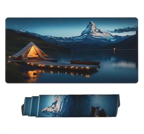 Gaming Mauspad XXL See, Großes Mousepad 900 x 400 x 3 mm, Mouse Pad Groß, Schreibtischunterlage Schneebedeckte Berge Wasserdicht, Genähte Kanten Mauspads, rutschfeste Gummibasis Maus Pad -MP1103 Bild 2
