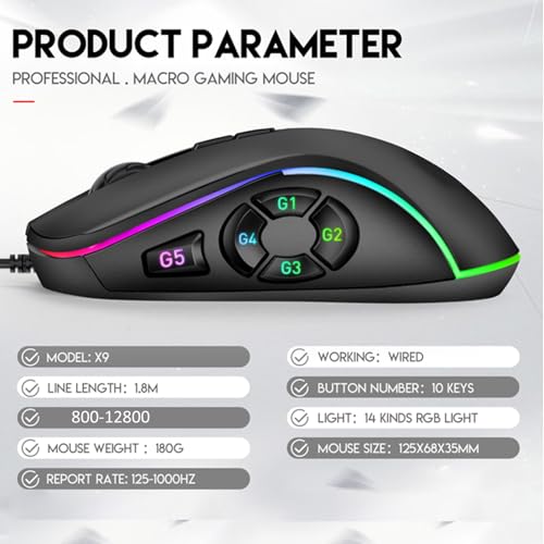 Annadue Kabelgebundene Gaming-Maus, 10 Programmierbare Tasten, 14 RGB-Beleuchtungseffekte, 6 Einstellbare DPI-Stufen (800–12800), Ergonomisches Design, mit Ummanteltem Kabel, für PC Bild 2