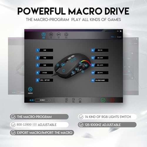 Annadue Kabelgebundene Gaming-Maus, 10 Programmierbare Tasten, 14 RGB-Beleuchtungseffekte, 6 Einstellbare DPI-Stufen (800–12800), Ergonomisches Design, mit Ummanteltem Kabel, für PC Bild 5