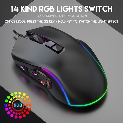 Annadue Kabelgebundene Gaming-Maus, 10 Programmierbare Tasten, 14 RGB-Beleuchtungseffekte, 6 Einstellbare DPI-Stufen (800–12800), Ergonomisches Design, mit Ummanteltem Kabel, für PC Bild 6