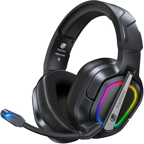 Fachixy Gaming Headset Wireless für PS4, PS5, PC, Mac, Laptop, Switch, 48H 2.4GHz Gaming Headset mit Noise Cancelling Mikrofon, Kabelloses Bluetooth kopfhörer mit LED-Lichtern, Surround Sound Bild 1