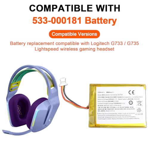 JIMACRO 1500mAh 533-000181 Akku Kompatibel mit Logitech G733 / G735 Lightspeed Wireless Gaming Headset, 533-000181 Batterie Bild 2