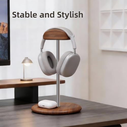 Headset-Ständer aus Walnussholz und Aluminium, Schreibtisch-Kopfhörer-Halter mit Aufbewahrungsbasis für Gaming-Büro, rutschfeste Silikon-Pads, passend für Kopfbänder bis zu 6,1 cm Bild 6