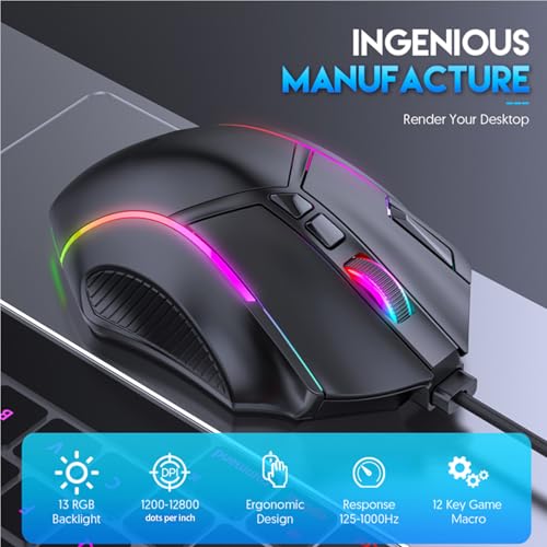 Jectse Kabelgebundene Gaming-Maus, Ergonomisch mit RGB-Hintergrundbeleuchtung, 7-Tasten-Makroprogrammierung, USB-Kabel, für Computer und Laptops Bild 7