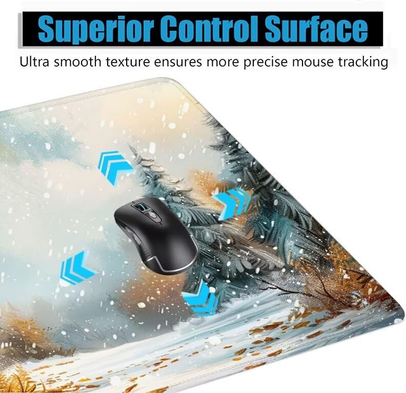 Schreibtischunterlage Schneeszene Mauspad XXL 150x80cm Mousepad Weiß Gaming Mauspad mit Nicht rutschender Unterlage, Vernähte Kanten WassXerdicht Anti-Rutsch Maus Pad für PC, MacBook, Laptop F0-1136 Bild 5