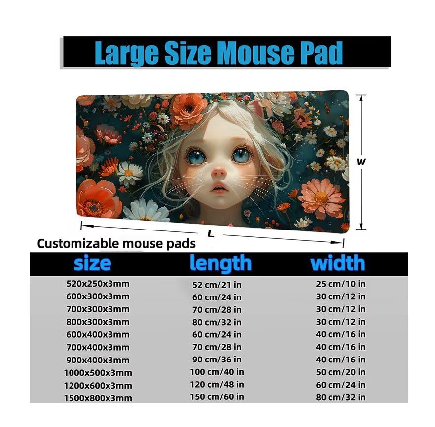 Schreibtischunterlage Mädchen Mauspad XXL 120x60cm Mousepad Blume Gaming Mauspad mit Nicht rutschender Unterlage, Vernähte Kanten WassXerdicht Anti-Rutsch Maus Pad für PC, Office Geschenke F0-1145 Bild 6