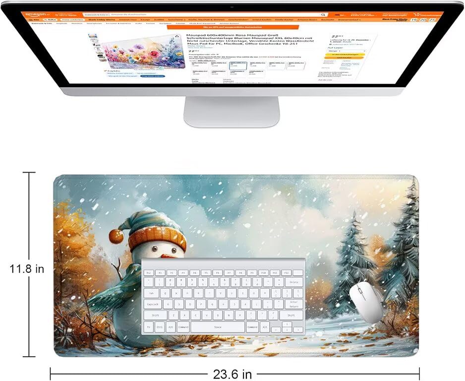 Schreibtischunterlage Schneeszene Mauspad XXL 120x60cm Mousepad Weiß Gaming Mauspad mit Nicht rutschender Unterlage, Vernähte Kanten WassXerdicht Anti-Rutsch Maus Pad für PC, MacBook, Laptop F0-1136 Bild 2