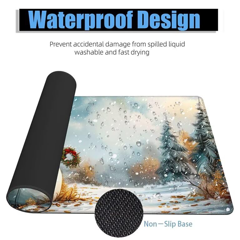 Schreibtischunterlage Schneeszene Mauspad XXL 120x60cm Mousepad Weiß Gaming Mauspad mit Nicht rutschender Unterlage, Vernähte Kanten WassXerdicht Anti-Rutsch Maus Pad für PC, MacBook, Laptop F0-1136 Bild 4
