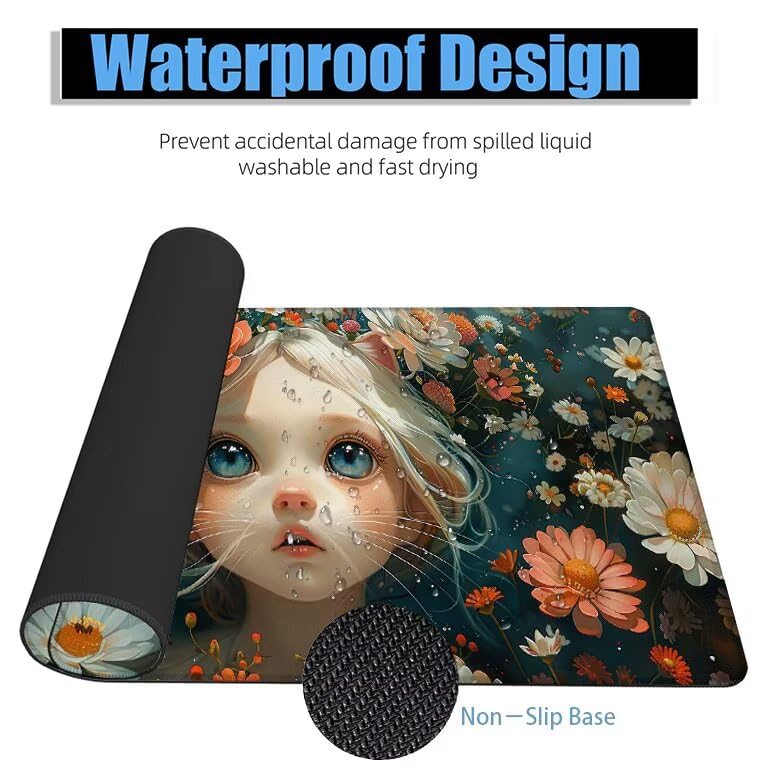 Schreibtischunterlage Mädchen Mauspad XXL 150x80cm Mousepad Blume Gaming Mauspad mit Nicht rutschender Unterlage, Vernähte Kanten WassXerdicht Anti-Rutsch Maus Pad für PC, Office Geschenke F0-1145 Bild 4