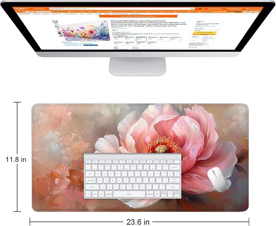 Schreibtischunterlage Rosa Mauspad XXL 120x60cm Mousepad Pfingstrose Gaming Mauspad mit Nicht rutschender Unterlage, Vernähte Kanten WassXerdicht Anti-Rutsch Maus Pad für PC, MacBook, Laptop F0-1160 Bild 2