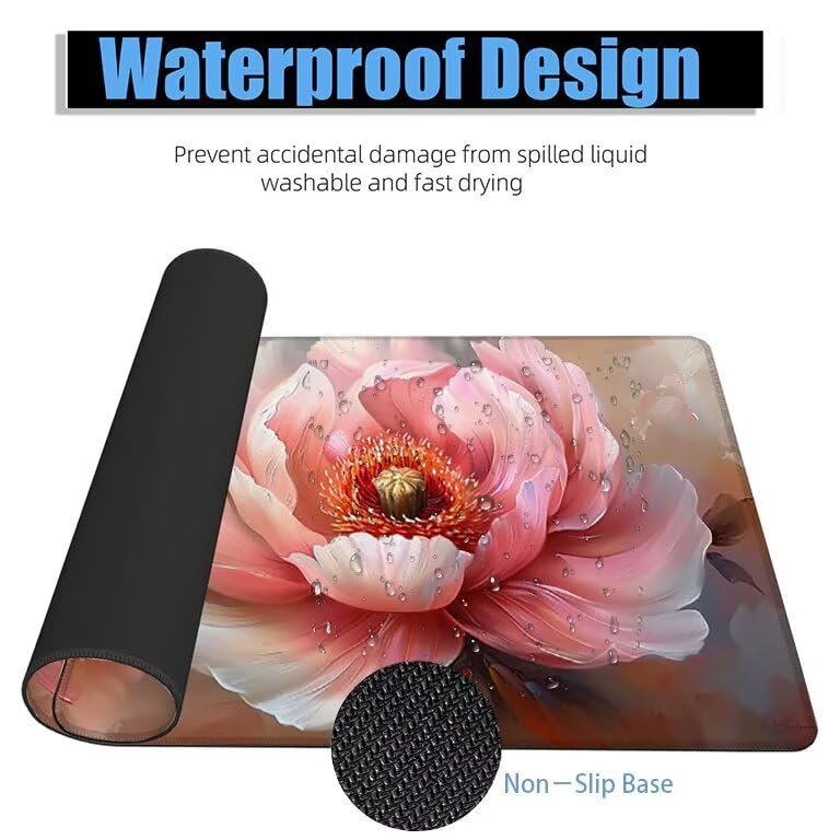 Schreibtischunterlage Rosa Mauspad XXL 100x50cm Mousepad Pfingstrose Gaming Mauspad mit Nicht rutschender Unterlage, Vernähte Kanten WassXerdicht Anti-Rutsch Maus Pad für PC, MacBook, Laptop F0-1160 Bild 4