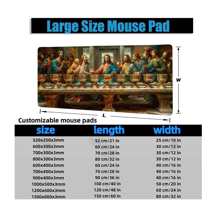 Schreibtischunterlage Mann Mauspad XXL 150x80cm Mousepad Das Letzte Abendmahl Gaming Mauspad mit Nicht rutschender Unterlage, Vernähte Kanten WassXerdicht Anti-Rutsch Maus Pad für PC, Office F0-1151 Bild 6