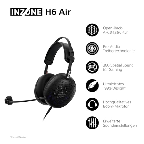 Sony INZONE H6 Air – kabelgebundenes Open-Back-Gaming-Headset – 360 Spatial Sound für Gaming, ultraleichtes 199 g-Design, abnehmbares Bügelmikrofon, Einstellbarer EQ via INZONE Hub – PC/PS5, Schwarz Bild 2