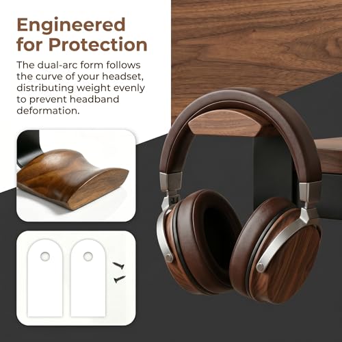 Kopfhörer Ständer Headset Halterung mit 6cm Breiter Kopfstütze Nussholz Aluminium Kopfhörerhalter Holz Headsethalter Stabil Headphone Stand für Over Ear & Gaming für Schreibtisch Vitrine Bild 4