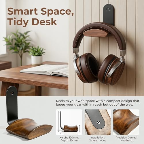Kopfhörer Ständer Headset Halterung mit 6cm Breiter Kopfstütze Nussholz Aluminium Kopfhörerhalter Holz Headsethalter Stabil Headphone Stand für Over Ear & Gaming für Schreibtisch Vitrine Bild 5