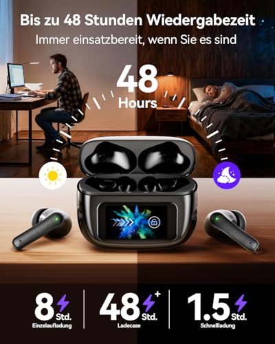 Kopfhörer Kabellos Bluetooth 5.4, In Ear Kopfhörer Bluetooth mit Touchscreen & 5 EQ Modi, Bluetooth Kopfhörer ANC/ENC Noise Cancelling, 8H Spielzeit, IPX7 Wasserdicht Sport & Gaming Kopfhörer-Schwarz Bild 5
