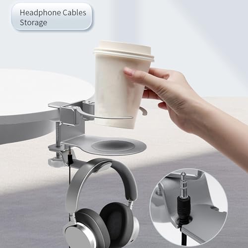 Verstellbarer 2-in-1-Becherhalter mit 360° drehbarem Headset Aufhängerhaken für Büro Gaming Schreibtische, 5 kg Hakenlast, verstellbarer Headset unter dem Schreibtisch Bild 2