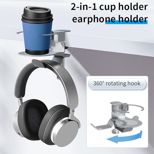 Verstellbarer 2-in-1-Becherhalter mit 360° drehbarem Headset Aufhängerhaken für Büro Gaming Schreibtische, 5 kg Hakenlast, verstellbarer Headset unter dem Schreibtisch Bild 3