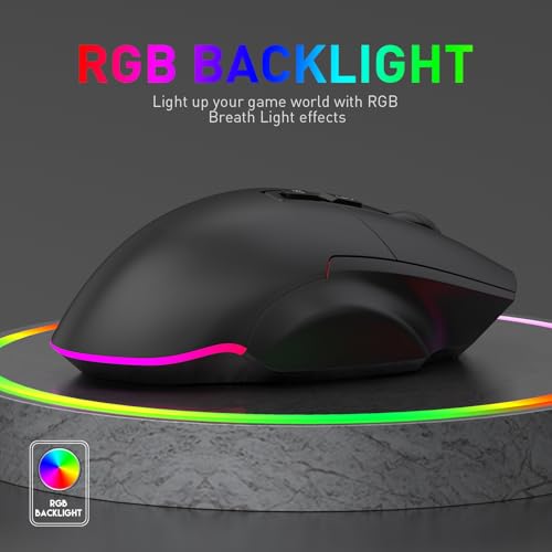 Jectse RGB-Gaming-Maus, Geräuschlose Tasten, Kabellose Maus mit 500-mAh- für Lange Laufzeit, RGB-Beleuchtung, 7 Tasten, 2,4-GHz-Bluetooth-Modi, Einstellbare DPI-Zahl (1000, 1200, 1600), Bild 2