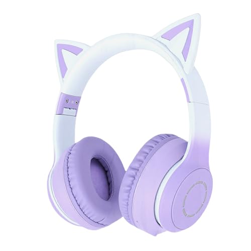 Bewinner Bluetooth 5.3 Kabelloses Gaming-Headset, Niedliches Ohrdesign mit LED-Licht, 3,5-mm-AUX-Kabel, Abnehmbares Mikrofon, Faltbar, Lange Akkulaufzeit, Lila (Purple) Bild 1