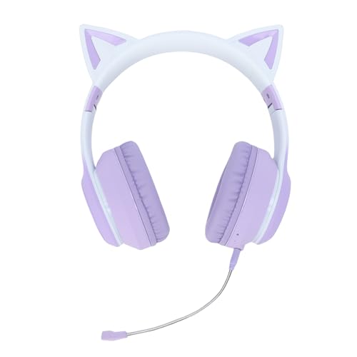 Bewinner Bluetooth 5.3 Kabelloses Gaming-Headset, Niedliches Ohrdesign mit LED-Licht, 3,5-mm-AUX-Kabel, Abnehmbares Mikrofon, Faltbar, Lange Akkulaufzeit, Lila (Purple) Bild 3