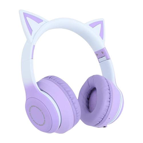 Bewinner Bluetooth 5.3 Kabelloses Gaming-Headset, Niedliches Ohrdesign mit LED-Licht, 3,5-mm-AUX-Kabel, Abnehmbares Mikrofon, Faltbar, Lange Akkulaufzeit, Lila (Purple) Bild 4