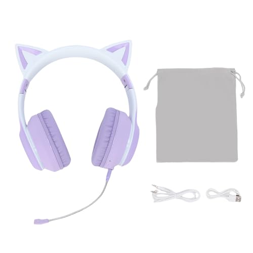 Bewinner Bluetooth 5.3 Kabelloses Gaming-Headset, Niedliches Ohrdesign mit LED-Licht, 3,5-mm-AUX-Kabel, Abnehmbares Mikrofon, Faltbar, Lange Akkulaufzeit, Lila (Purple) Bild 6
