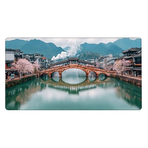 Gaming Mauspad, 100x200cmx3mm GroßEs Mousepad,wasserdichte Gewebe, Rutschfester Gummiunterseite, BüRobedarf, Verbesserte PräZision Und Geschwindigkeit, HolzbrüCke Altstadt JX2B-505 Bild 2