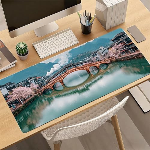 Gaming Mauspad, 100x200cmx3mm GroßEs Mousepad,wasserdichte Gewebe, Rutschfester Gummiunterseite, BüRobedarf, Verbesserte PräZision Und Geschwindigkeit, HolzbrüCke Altstadt JX2B-505 Bild 4