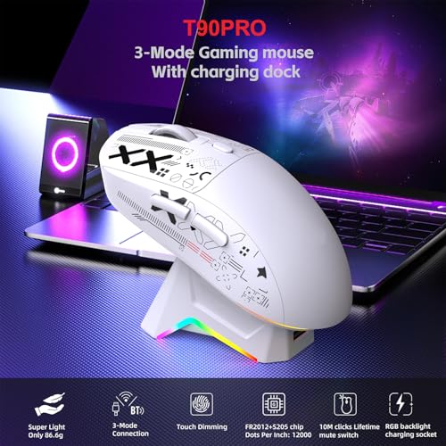 Annadue Gaming-Maus mit RGB-Ladestation, 2,4 GHz, USB-C-Kabel und Bluetooth 5.3 (3 Modi), 7 Programmierbare Tasten, Magnetische Ladestation, Optische Kabellose Gaming-Maus für PC und (White) Bild 2