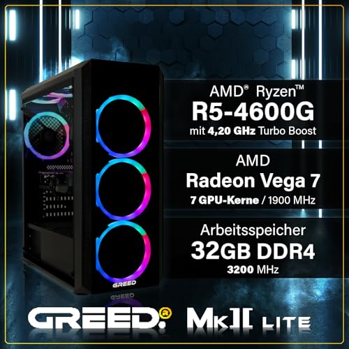 Greed® MK2 Lite - Entry Gaming PC mit AMD Ryzen 5 4600G + Radeon Vega 7 - Ultra Schneller RGB Computer + 4K Raytracing Rechner mit 4,2 GHZ - 32 GB DDR4 RAM - 512 GB SSD - WLAN + W11 Pro Bild 3