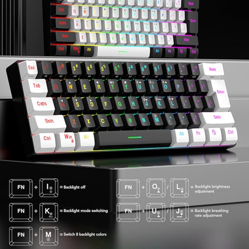 Fabater 60% Gaming-Tastatur und Maus-Kombination, Ultrakompakte 61-Tasten-Minitastatur mit RGB-Hintergrundbeleuchtung, Kabelgebundenes Beleuchtetes Gaming für PC-Spiele (Weißer schwarzer Rahmen in Bild 4