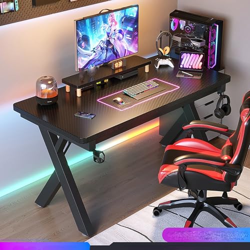 Gaming-Schreibtisch mit Karbonfaser-Oberseite, Metallbeinen, Getränkehalter, Headset-Haken, perfekt für Heimbüro, Remote-Arbeit Bild 1