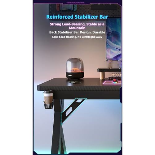 Gaming-Schreibtisch mit Karbonfaser-Oberseite, Metallbeinen, Getränkehalter, Headset-Haken, perfekt für Heimbüro, Remote-Arbeit Bild 5