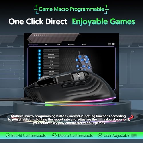 Jectse RGB-Gaming-Maus, Ergonomische Kabelgebundene Maus mit 7 Beleuchtungsmodi und 11 Programmierbaren Tasten, 1200–12400 DPI Einstellbar, für PC-Computerspiele Bild 7