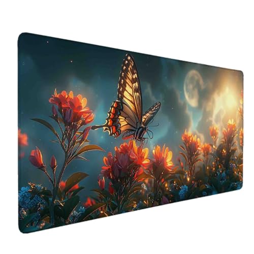 Mauspad 1000 x 500 Blume Mauspad Schmetterling Schreibtischunterlage mit Genähten Kanten Rutschfester Mousepad XXL, Tischunterlage Schreibtisch für Maus, Tastatur, Home Office, Gaming Zubehör p5429 Bild 1