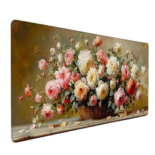 Mauspad 1200 x 600 Rosa Mauspad Blume Schreibtischunterlage mit Genähten Kanten Rutschfester Mousepad XXL, Tischunterlage Schreibtisch für PC, Maus und Tastatur, Home Office, Gaming Zubehör v5290 Bild 1