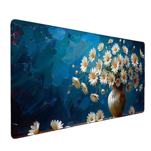 Mauspad 1000 x 500 Blau Mauspad Gänseblümchen Schreibtischunterlage mit Genähten Kanten Rutschfester Mousepad XXL, Tischunterlage Schreibtisch für Maus, Tastatur, Home Office, Gaming Zubehör l6381 Bild 1