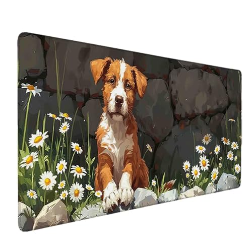 Mauspad 1200 x 600 Hund Mauspad Blume Schreibtischunterlage mit Genähten Kanten Rutschfester Mousepad XXL, Tischunterlage Schreibtisch für PC, Maus und Tastatur, Home Office, Gaming Zubehör g5885 Bild 1