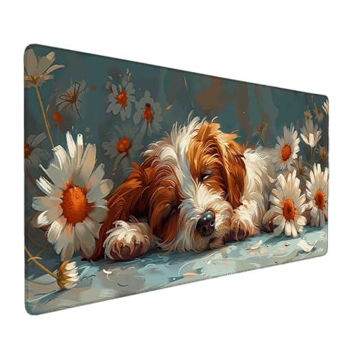 Mauspad 1200 x 600 Hund Mauspad Blume Schreibtischunterlage mit Genähten Kanten Rutschfester Mousepad XXL, Tischunterlage Schreibtisch für PC, Maus und Tastatur, Home Office, Gaming Zubehör e5871 Bild 1