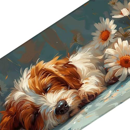 Mauspad 1200 x 600 Hund Mauspad Blume Schreibtischunterlage mit Genähten Kanten Rutschfester Mousepad XXL, Tischunterlage Schreibtisch für PC, Maus und Tastatur, Home Office, Gaming Zubehör e5871 Bild 3